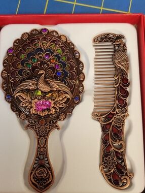 Vintage-Style Peacock Hand 5" Mirror & Comb Set - Bronze Finish